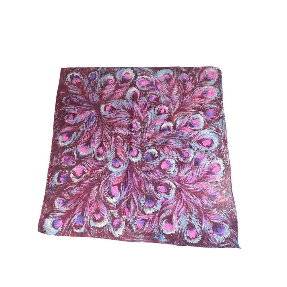 Vintage Scarf - Square- Nylon Vibrant Feather design- Purple blue pink- 27x27